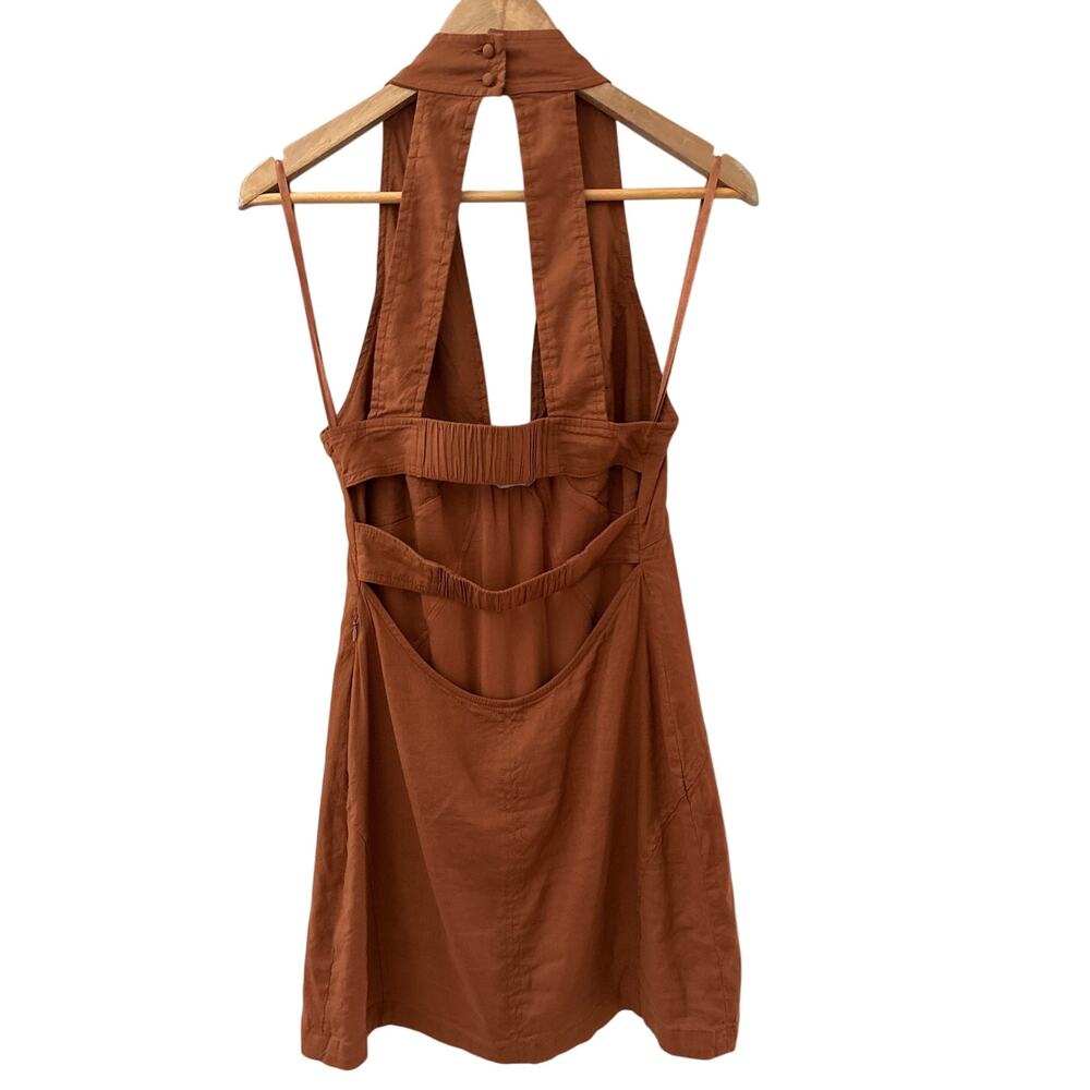 Anthropologie Maeve Halter Linen-Blend Mini Dress Brown Size 8 - Picture 6 of 11